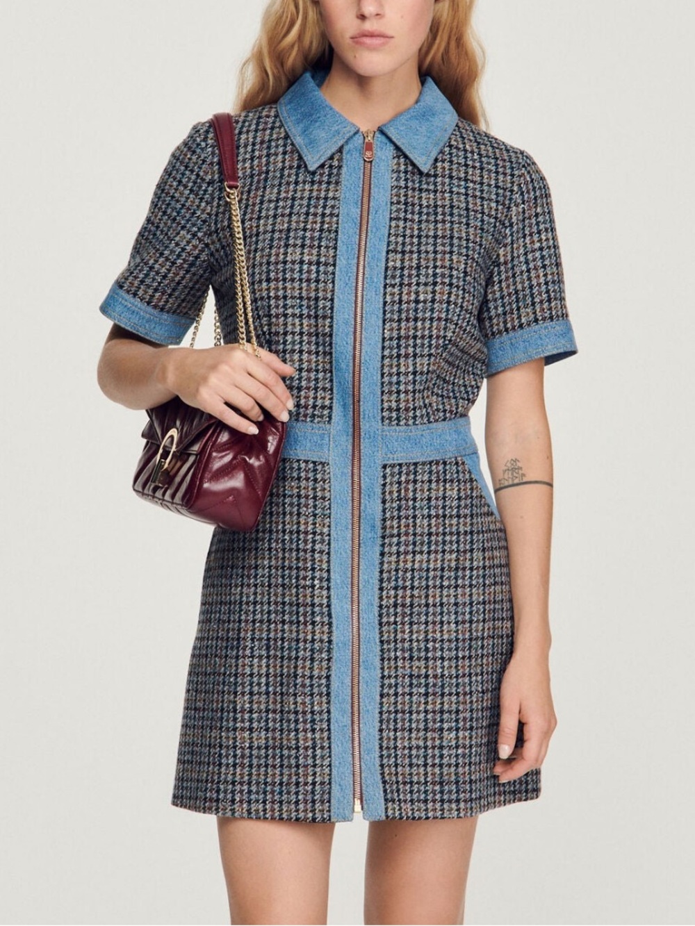 Sandro Paris Tweed Mini Dress Women’s Size 6 Medium Denim Short Zip Up